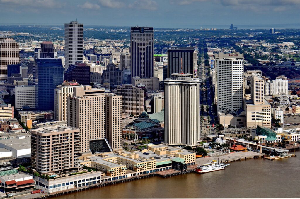 Stanwycks Photography, New Orleans Sky line from the river, as photographed from a Helicopter